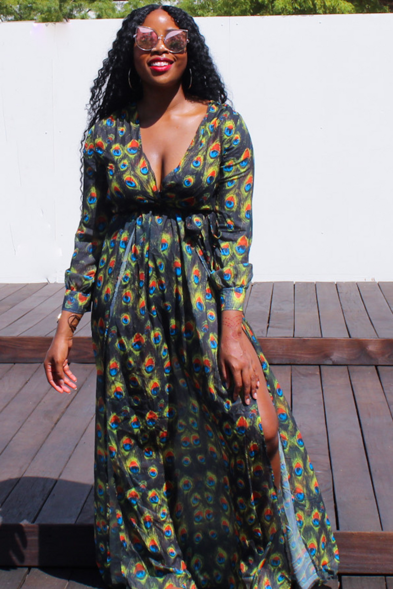 Peacock Print Long Sleeve Dress Green / XS