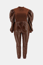 Load image into Gallery viewer, Plus Size Puff Sleeve and Drawstring Joggers Set
