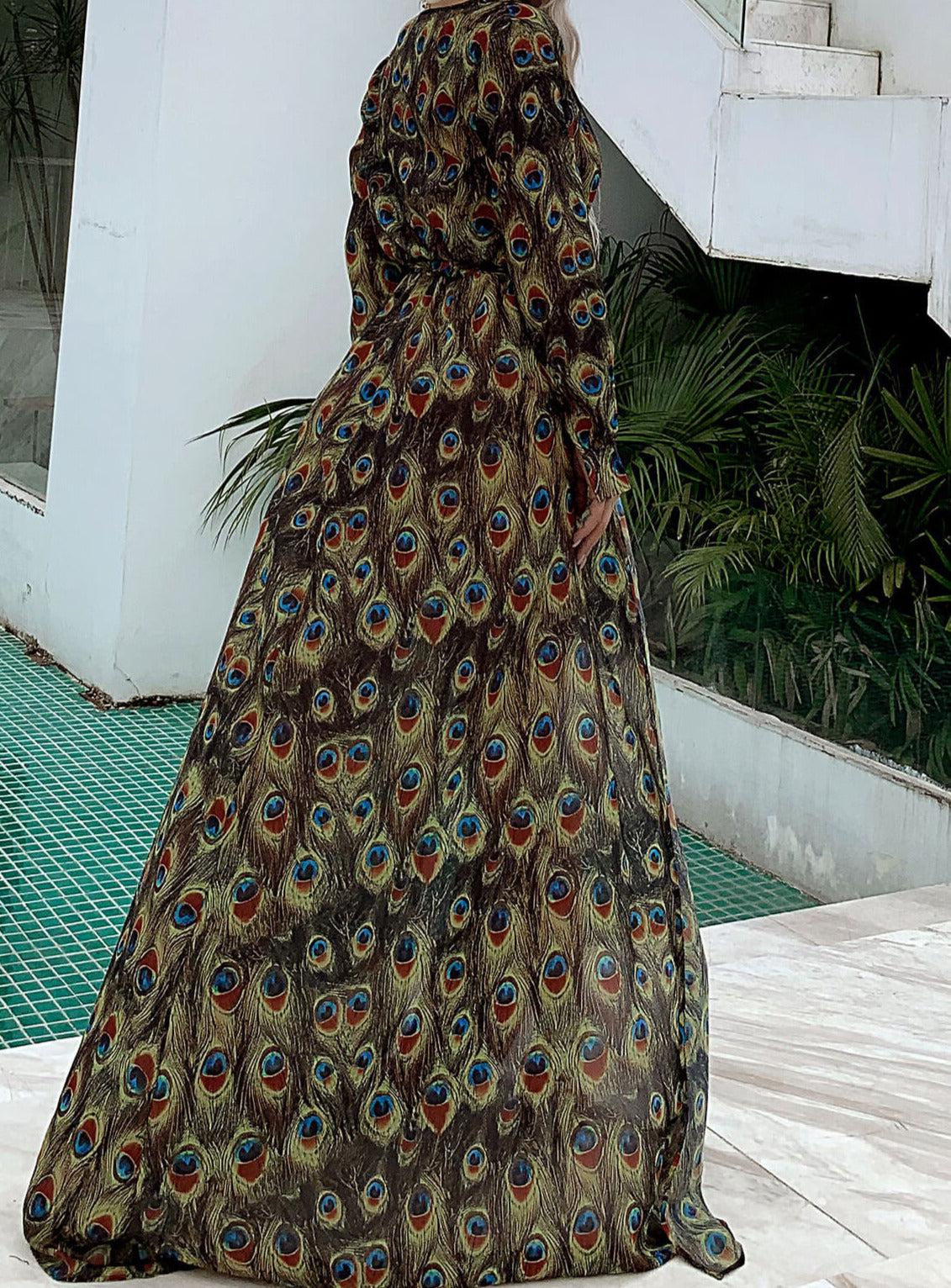 Peacock Print Long Sleeve Dress Green / XS Peacock Print Long Sleeve Dress Green / XS