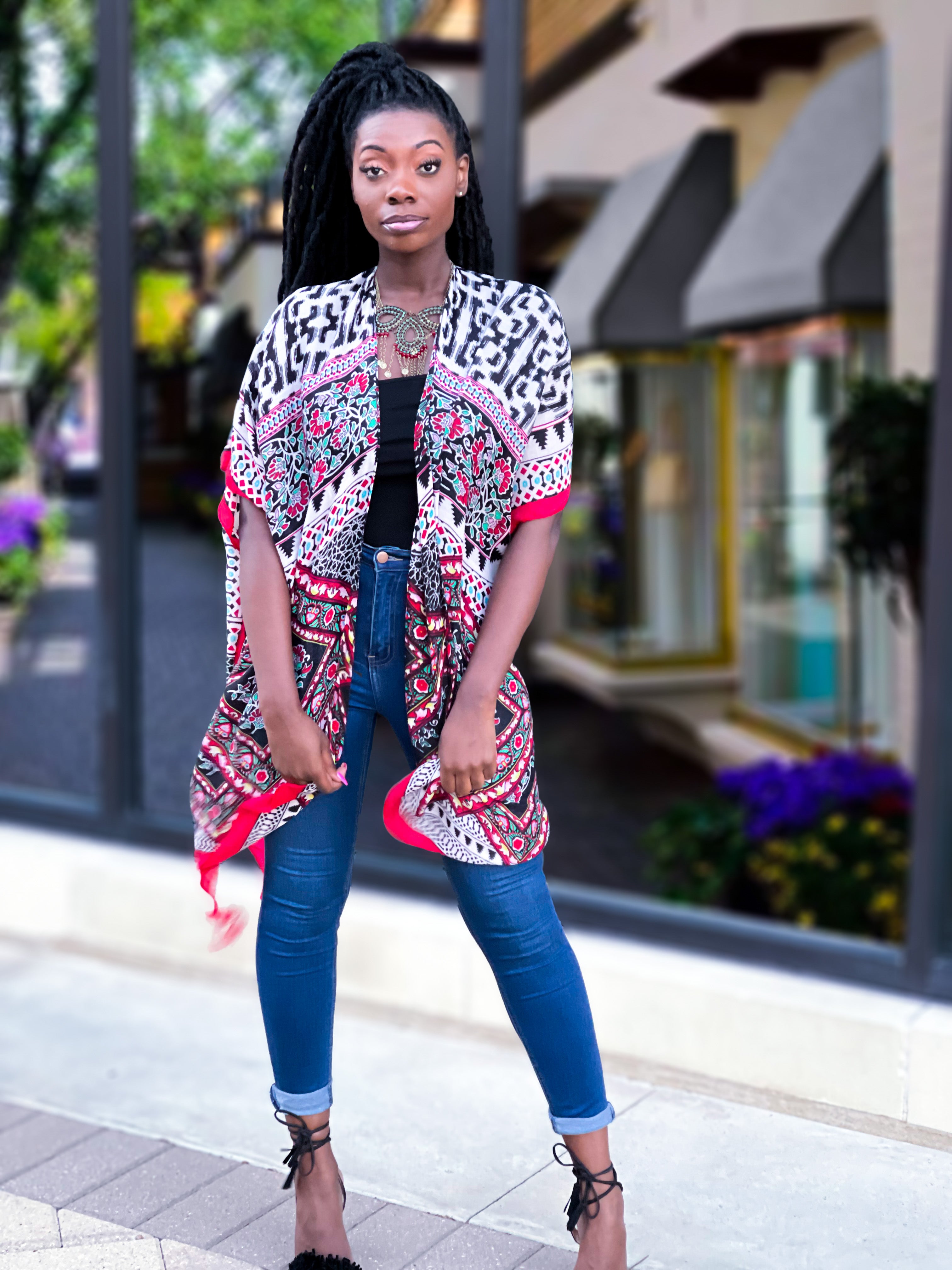 GEO ANIMAL PRINT KIMONO - RED - Lovely Push Boutique