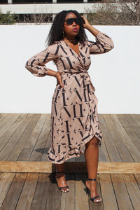 Letter Print Midi Wrap Dress