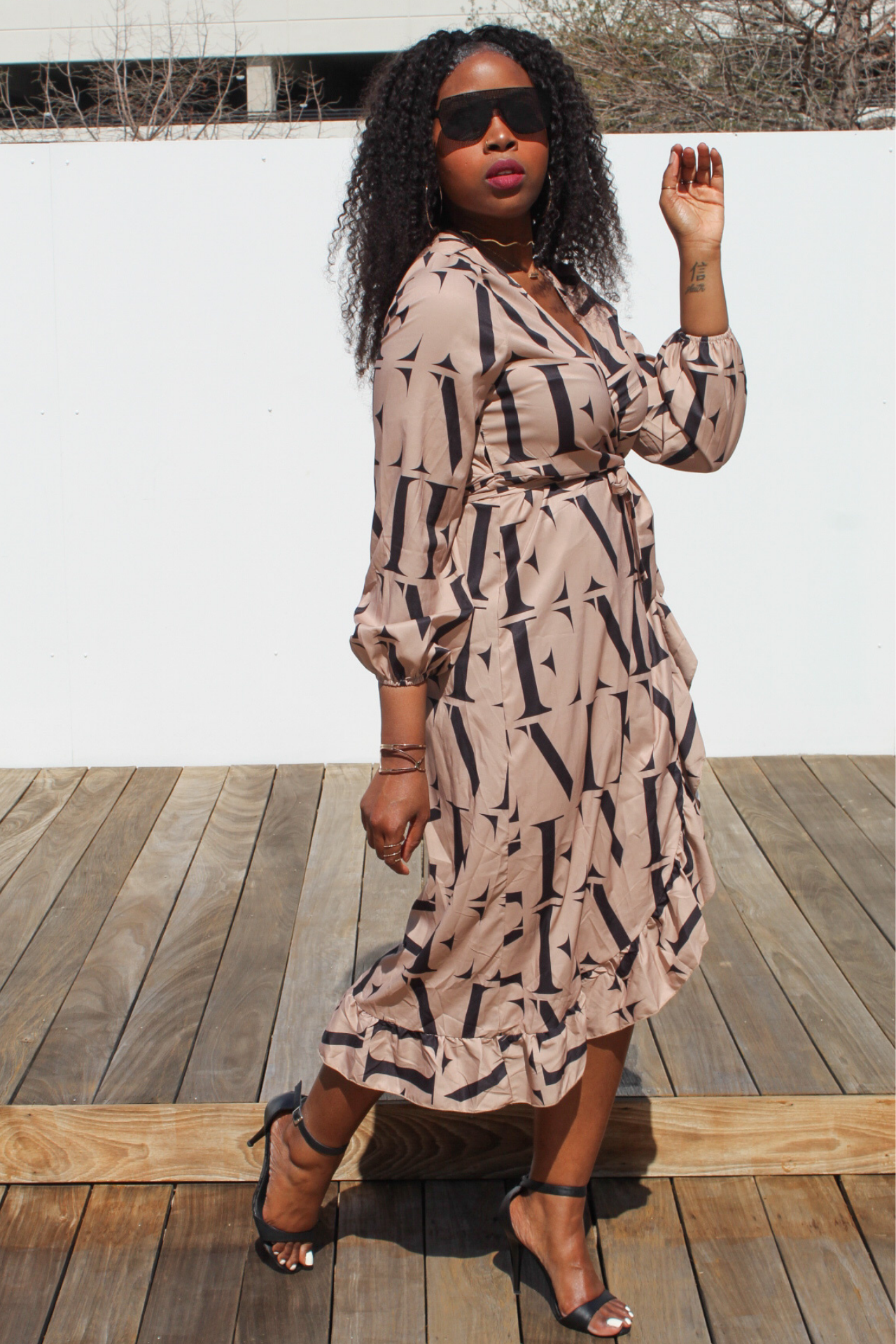 Letter Print Midi Wrap Dress