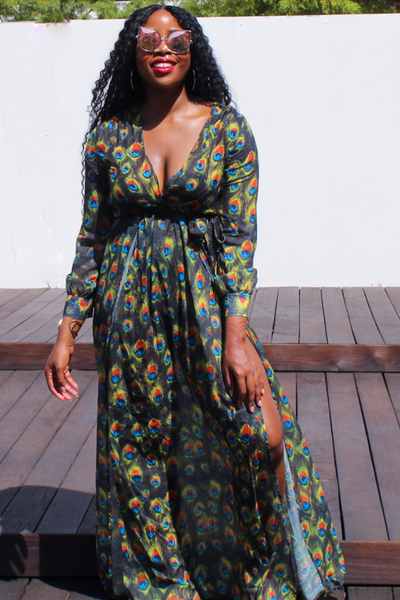 Peacock Print Long Sleeve Dress Green / XS