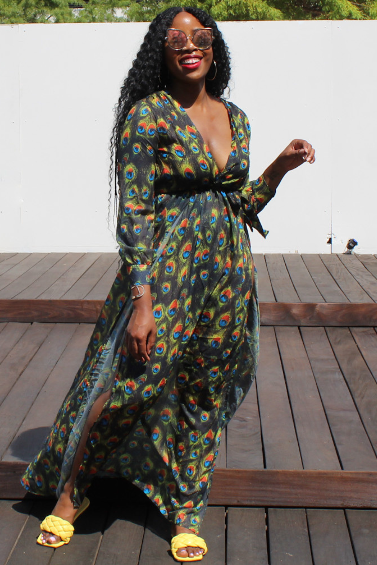 Peacock Print Long Sleeve Dress Green / XS Peacock Print Long Sleeve Dress Green / XS