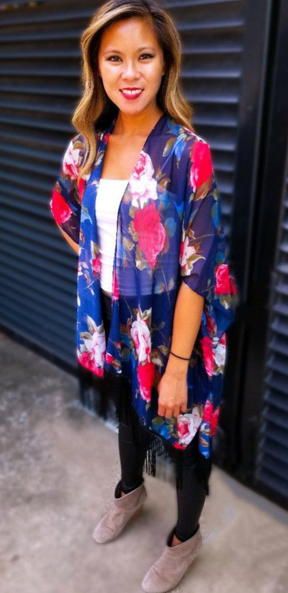 ROSE FLORAL PATTERN KIMONO - Lovely Push Boutique