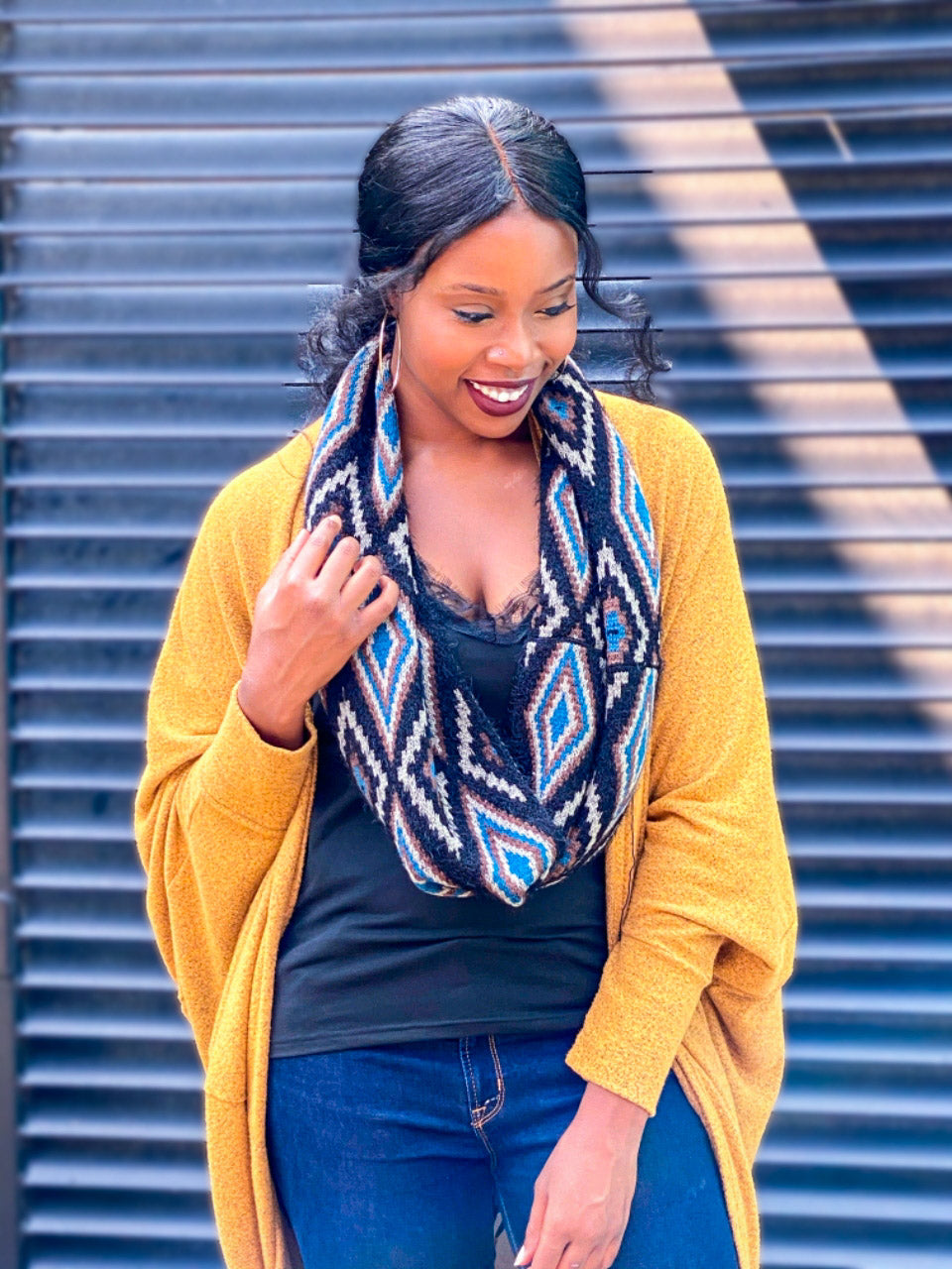 DIAMOND PRINT INFINITY SCARF - BLUE - Lovely Push Boutique