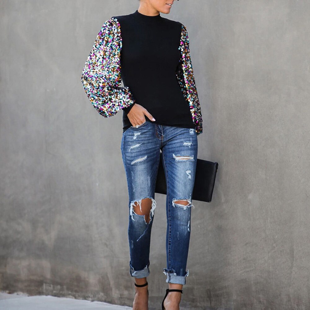 SEQUINS SLEEVE TURTLENECK - Lovely Push Boutique