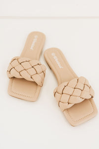 Woven Square Toe Slides - Nude