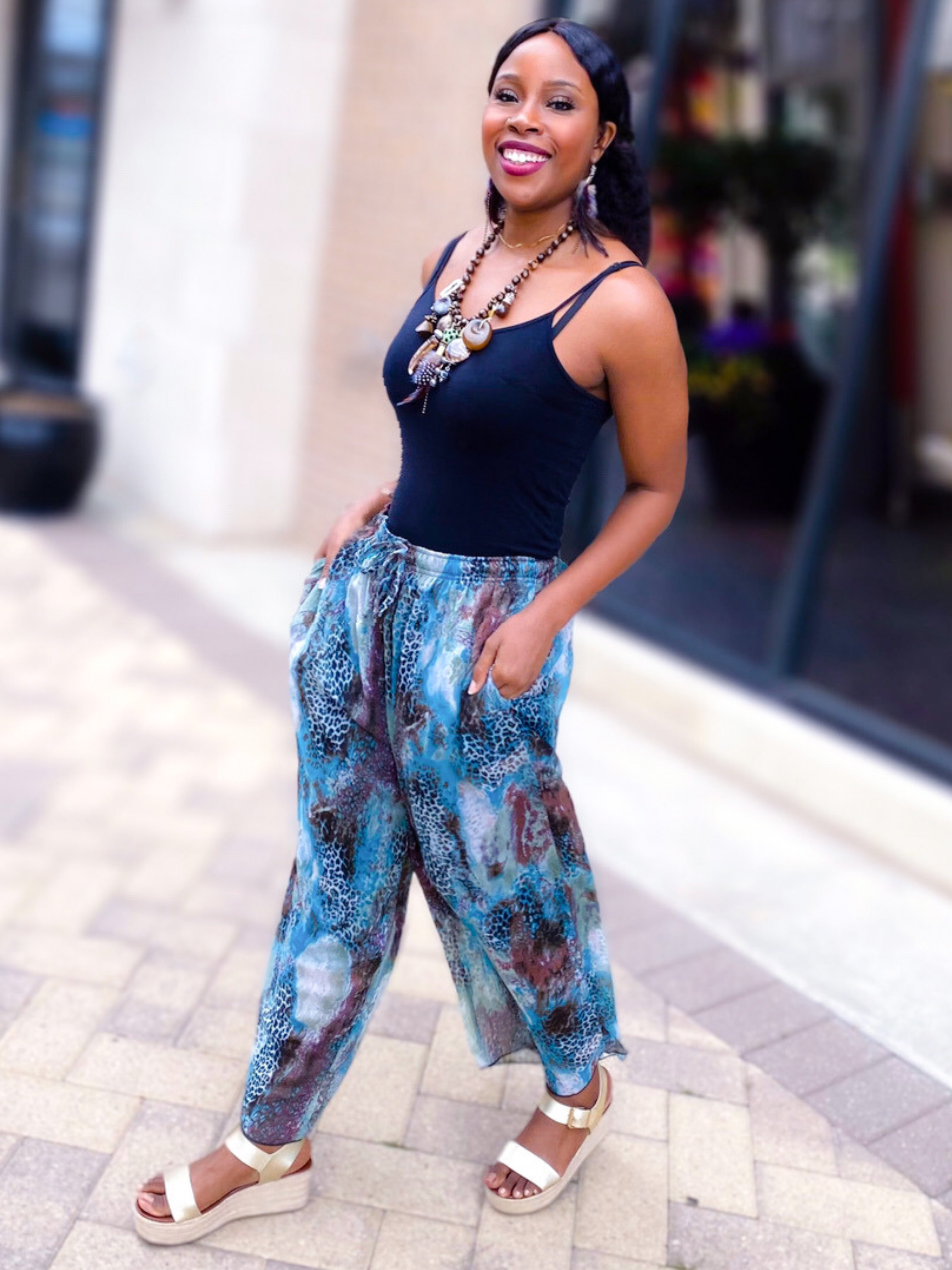 MULTI PATTERN PALAZZO PANTS - BLUE - Lovely Push Boutique