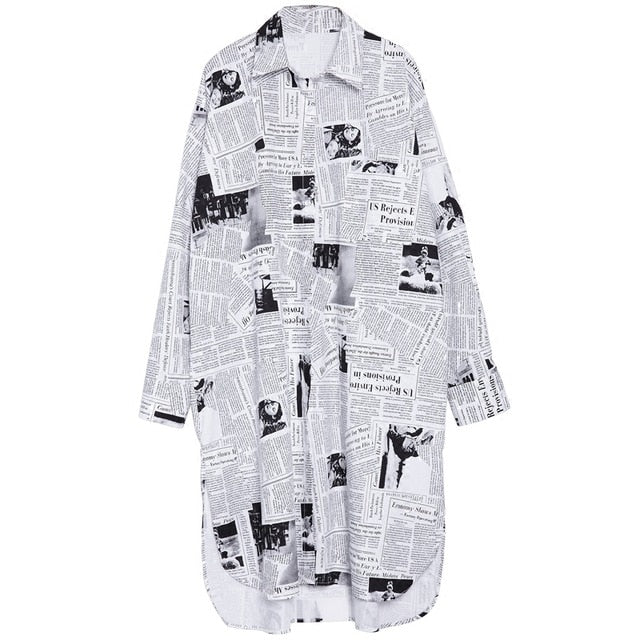 NEWSPAPER OVERSIZE LONG SHIRT - Lovely Push Boutique
